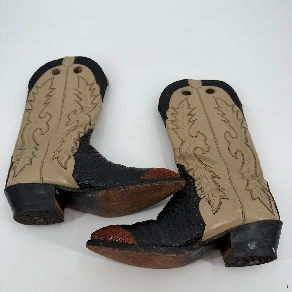 Vintage Hondo Western Cowboy Boots 10D Black Tan Brown Lizard Wingtip Pointed - Picture 7 of 11